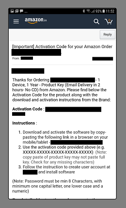Amazon Mobile Application India- Activation code message