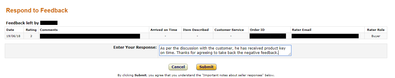 Handle negative feedback case where buyer does not on remove feedback on Amazon India